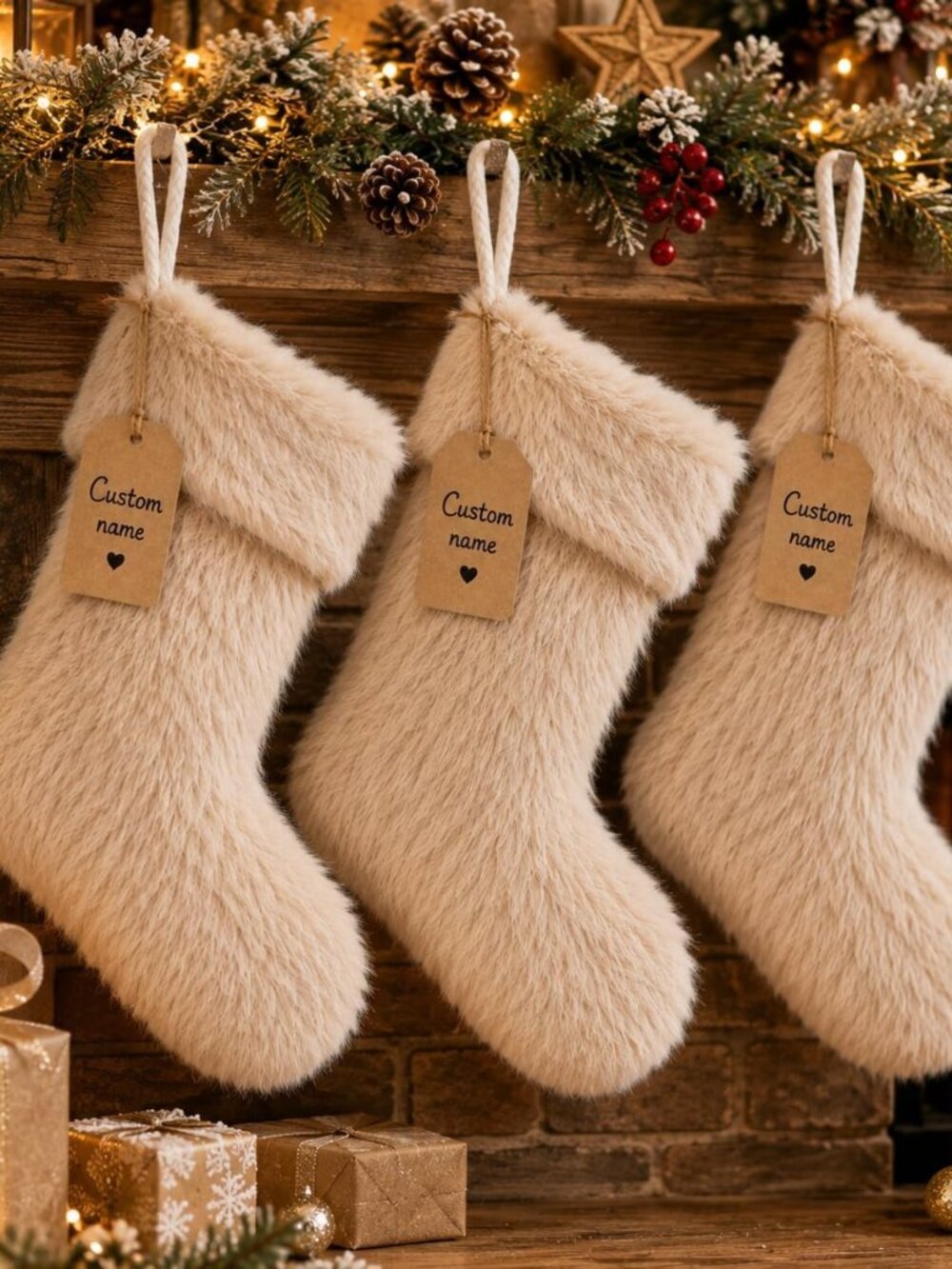 3 Pack 19 Inch Beige Christmas Stockings Faux Fur Xmas Christmas Stockings Hangi